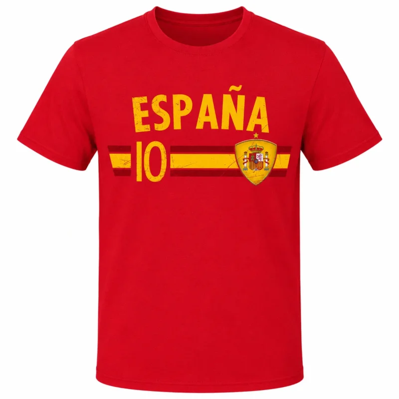 Spanien T Shirt Herren Damen Unisex Rot Fußball Fan Shirt España Vintage Look EM WM Länder Shirt Kurzarm Rundhals Baumwolle S-5XL mit oder ohne 10