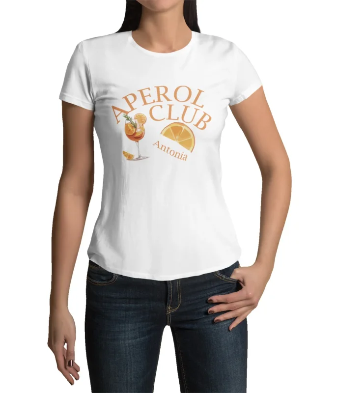 Damen T-Shirt personalisiert – Aperol Club Design – Sommer Partyshirt mit Wunschtext