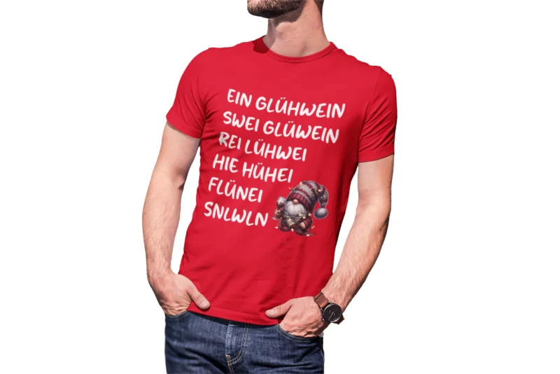 Glühwein Shirt Ugly Christmas T Shirt Weihnachtsshirt mit Santa und Wichtel Motiv Unisex Kurzarm Rundhals 100% Baumwolle lustiges Weihnachten Party Outfit