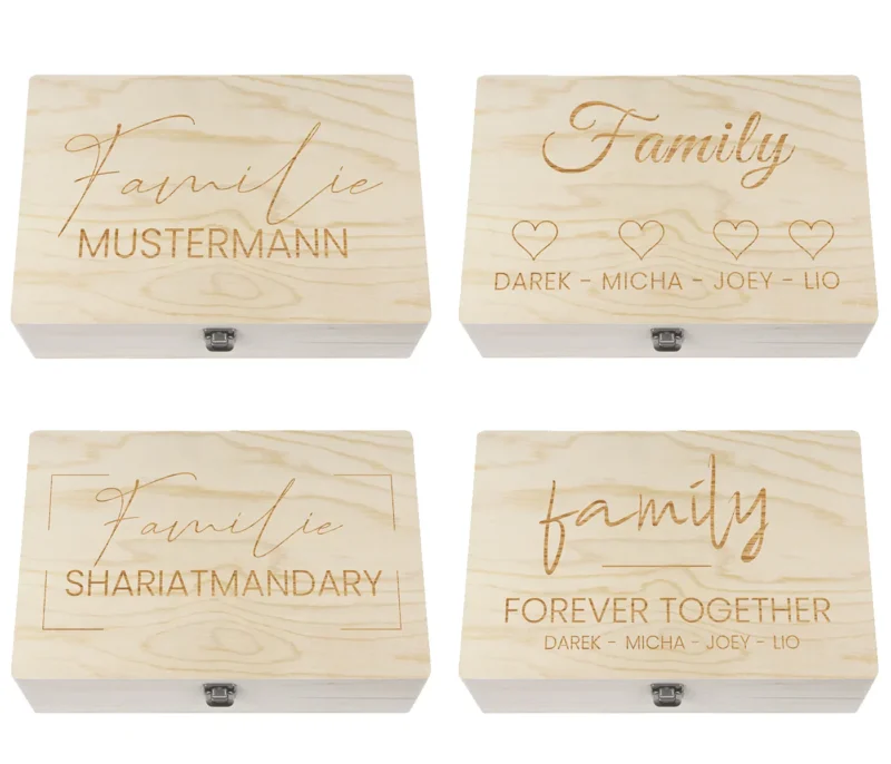 Holzkiste mit Deckel und Familienmitglieder - personalisiert Natur Aufbewahrungskiste Erinnerungsbox & Geschenkkiste