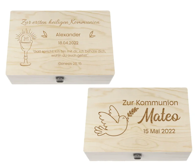 Holzkiste mit Deckel für die Kommunion - personalisiert Geschenkidee