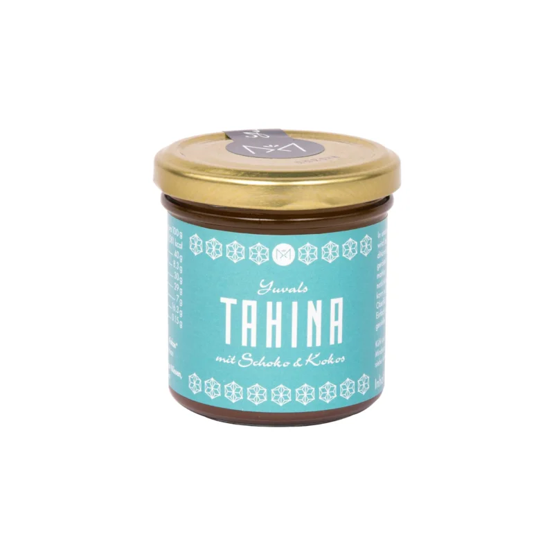 Yuvals Tahina mit Schoko & Kokos, Glas mit türkisfarbenem Etikett und goldenem Deckel.